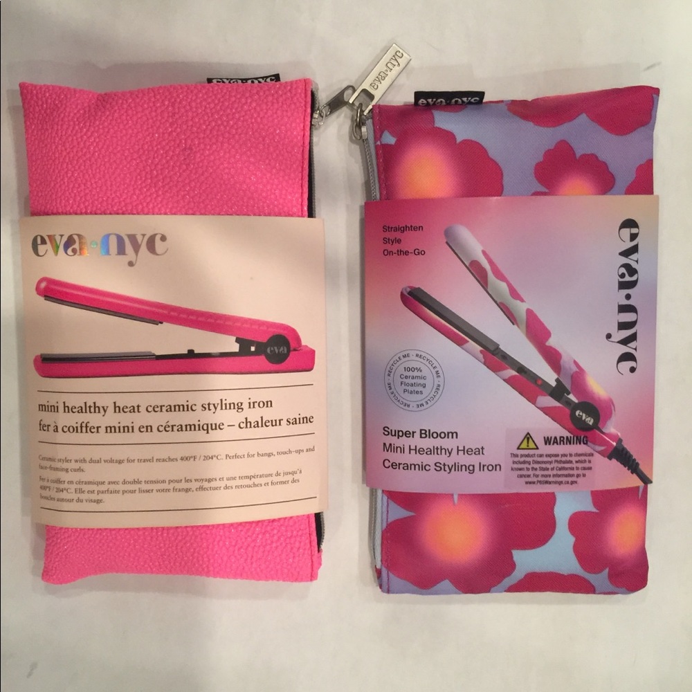 Eva NYC Mini travel Ceramic Styling flat Iron 1/2” Plate 400F Pink pouch NWT